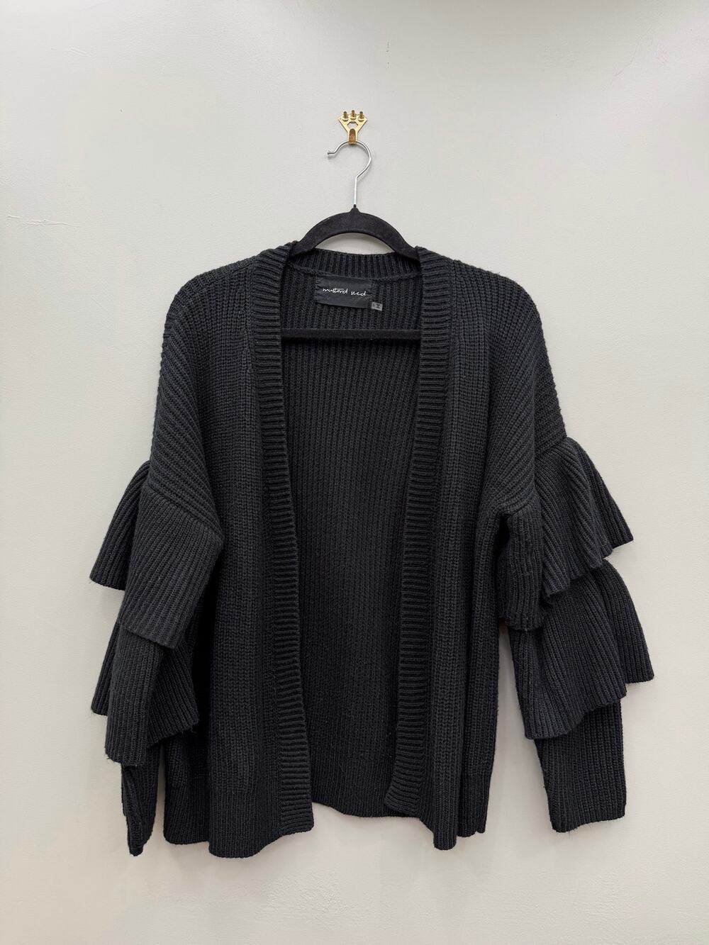 Mustard Seed Black Tiered Ruffle Sleeve Open Cardigan Size Small
